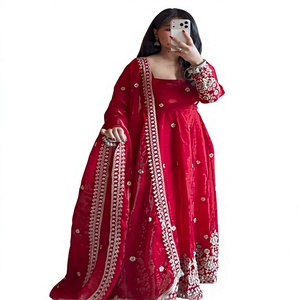 Robe Anarkali en soie rouge pour femmes, longue robe brodée avec dupatta, tenue de fête indienne/pakistanaise, séchage rapide, toutes saisons - Product Image 1