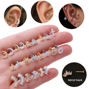 Hypoallergénique en acier inoxydable plaqué or percé oreille labret lèvre dos plat boucle d'oreille tragus hélice cartilage piercing bijoux