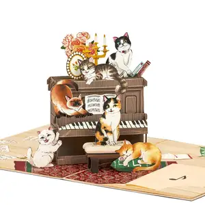 ピアノの猫ポップアップカード素敵な面白い、かわいいリビングルーム猫をテーマにした3Dグリーティングカード