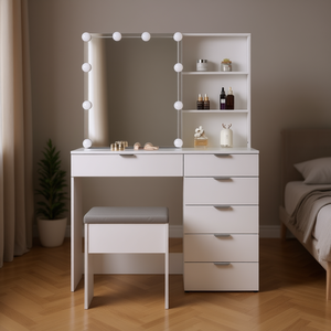 Ensemble de coiffeuse blanche FCH avec miroir éclairé, 6 tiroirs, 2 étagères, design moderne, meubles de chambre à coucher - Product Image 2