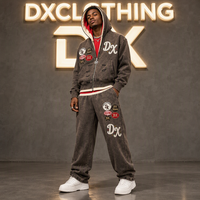 Ensemble de survêtement deux pièces marron délavé personnalisé 460 g/m² avec patchwork, capuche double couche et pantalon de jogging à jambe large, style streetwear OEM ODM