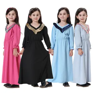 2024新款巴基斯坦印度尼西亚女孩长袖v领长裙拼接回族小女孩宽松大童装