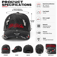 Casquette de baseball en sergé déchirée et vieillie, personnalisée en usine, avec broderie 3D 'Be Mine', œillet métallique, anneau en O et ornement en strass, réglable