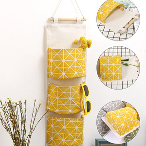 Sac de rangement mural en tissu de coton, 3 poches, organisateur suspendu pour chambre d'étudiant, rangement de jouets, conception sans perforation - Product Image 2