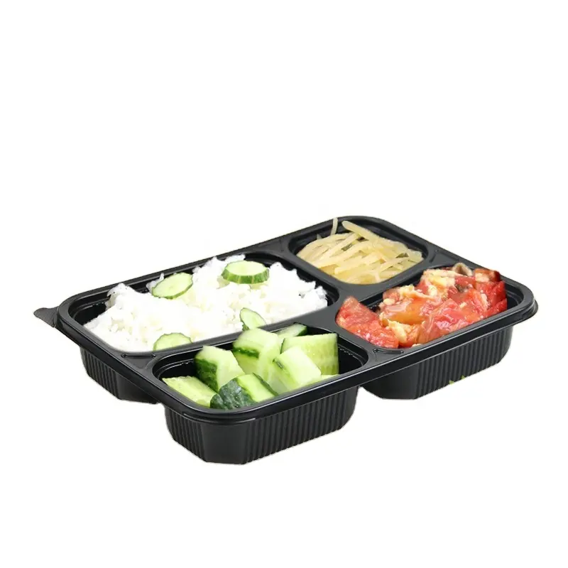 Disposable Plastic Take Away Rectangular Food Container 4 Compartment Lunch Box with dividers for restaurant food packaging