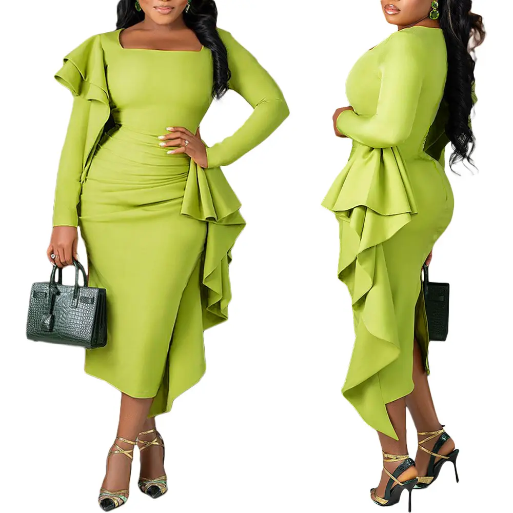 trending products new arrival Hot sale Solid Color Square Neck Ruched Long Sleeve evening dresses 2023 elegant