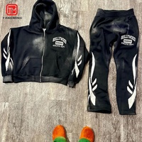 Ensembles Personnalisés Survêtements à Capuche et Pantalons de Jogging Aspect Délavé à l'Acide en Coton Épais à Fermeture Éclair avec Broderie Écusson Coupe Évasée Complets pour Hommes
