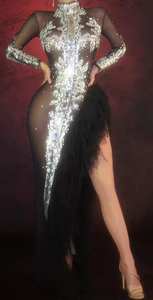 性感黑色透视水晶亮片婚纱礼服女士地板长度高狭缝晚礼服女士俱乐部舞会长裙 - Product Image 3