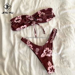 New Design Custom Breathable Printed Tan Through Fabric Swimming Wear Bikini Set Sexy <b>Swimsuits</b> Bandeau Swimwear - Product Image 2