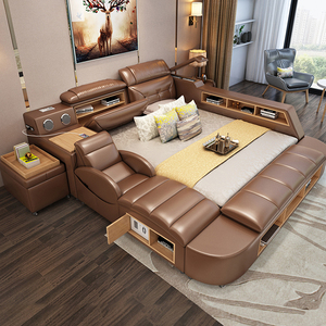 Moderno dormitorio de lujo diseño italiano rey tamaño de cuero genuino negro cama de masaje - Product Image 2