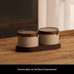 Pot à épices en céramique de style japonais avec couvercle en acacia, plateau et cuillère, ensemble de pots à assaisonnements de qualité alimentaire pour sel, sucre, poivre et épices - Product Image 5