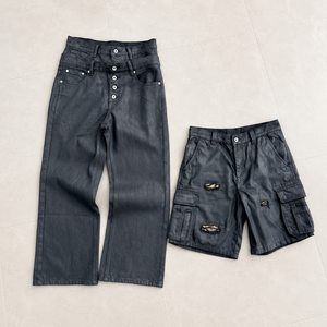 YUCHEN Jeans Jorts da Uomo in Denim Cerato Stile Rock Revival, Vestibilità Larga Streetwear, con Lavaggio Vintage Personalizzato e Cintura a Doppio Strato, Modello Boot Cut - Product Image 4