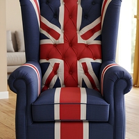 Fauteuil simple capitonné en toile de jute style campagnard américain avec accent Union Jack et motif écossais britannique pour salon