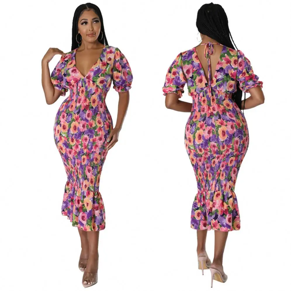 SC695 Summer Vacation Style Casual Floral Print Pleated Ruffles Bodycon Dress Women Fashion Dresses