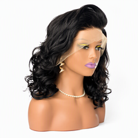 Perruque courte ondulée sans colle avec dentelle frontale, cheveux humains, noir naturel, coupe bob ondulée pour femmes