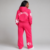 Ensemble jogging 2 pièces rose pour femme, en molleton, style streetwear, coupe classique, sweat-shirt imprimé en coton intégral et pantalon court à fermeture éclair