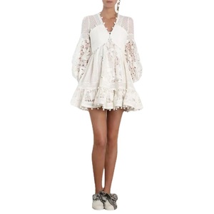 White V-neck <b>Lace</b> Dress <b>Elastic</b> Waist A-Line Casual Daily Wear Women's Long Sleeve Midi Skirt 2113 - Product Image 4