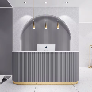 White Gold Modern Reception <b>Desk</b>, Luxury Ribbed Front Salon Front <b>Desk</b> with LED Base for Beauty Spa & Boutique - Product Image 3