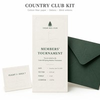 Carte d'invitation en papier d'art avec enveloppe, carte de table personnalisée, ensemble club de campagne vert gaufré vertical, kit à faible MOQ