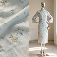 Tissu A080 Tencel Frais Bleu-Jaune à Motifs Floraux et Perlés pour Hanfu et Robes