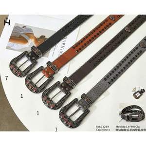 Ceinture en cuir véritable avec crâne en strass, 3,8x105 cm, accessoire de mode - Product Image 1