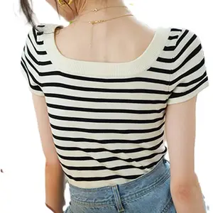 Women's Summer Comfortable Crop Top Casual Chic Black White Striped Nautical T-Shirt Breathable Quick Dry Knitted Short Crop Top