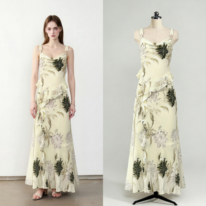 Fornitore OEM Abito Lungo Estivo Boho con Spalline Sottili, Scollo a V, Stampa Floreale e Orlo Arricciato, Tessuto, per Spiaggia, Fabbrica Cinese - Product Image 1