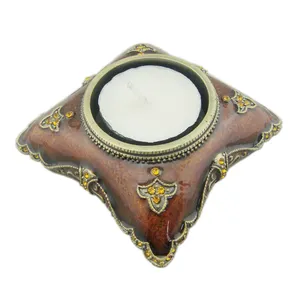 Antika pirinç Amber el emaye ve altın Rhinestones mücevherli Metal alaşım Tealight mumluk