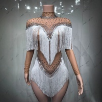 Body sexy en résille transparente noire avec strass et franges, tenue de scène pour chanteuse, danseuse, spectacle, fête, soirée, club
