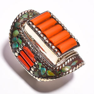 Bague Vintage en pierre précieuse tibétaine, bijou de corail, turquoises, vente en gros, - Product Image 5