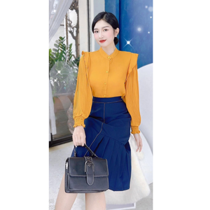 Camisa de manga larga ecológica para mujer con detalles de volantes plisados, top casual de oficina de color liso, manga raglán, nueve cuartos. - Product Image 1