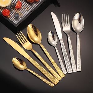 Juego de cubiertos de acero inoxidable con patrón en relieve, cuchillo para carne, tenedor y cuchara para hoteles, estilo occidental. - Product Image 3