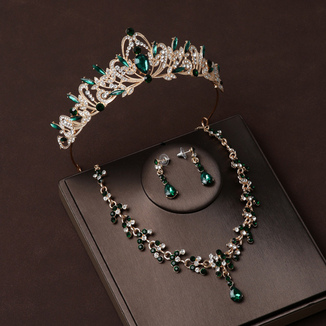 Bride Crown Headwear Green Diamond Magnificent Wedding Accessories Three Piece Set Birthday Gift Crown