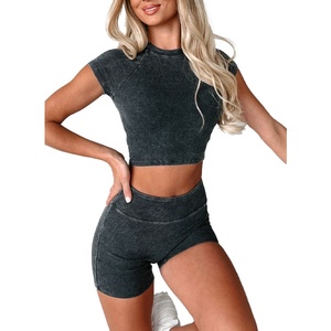 KY セットアップ 2点セット ラウンドネック 半袖 トップス ショートパンツ アシッドウォッシュ ブラック - Product Image 2