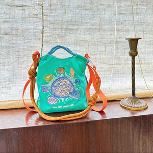Sac fourre-tout en nylon brodé écologique de style japonais avec chaîne à billes, motif floral, fermeture à cordon, sac de shopping - Product Image 6