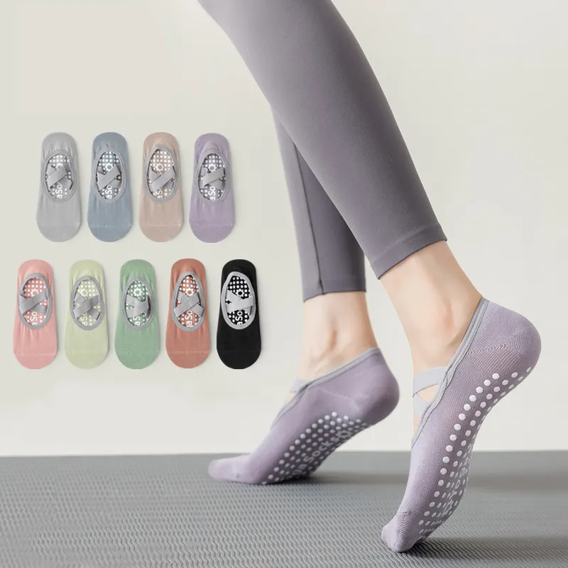 Kaus Kaki Katun Warna Solid Pilates Non-Slip Cross Bindings No Show Yoga Khusus untuk Wanita Dalam Ruangan