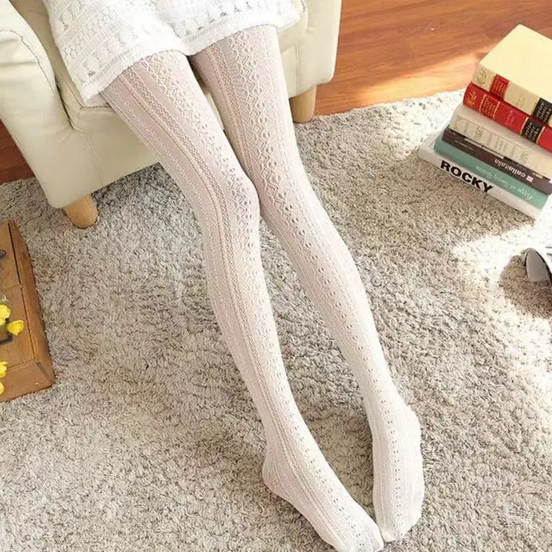 Customized Knitted Patterned Girls Hollow Lace Pantyhose Tights Vintage Velvet Lolita Socks White Black
