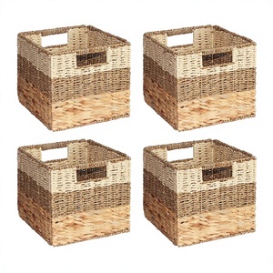 Paniers de rangement rustiques carrés en jacinthe d'eau avec poignées, bac multifonctionnel pour l'organisation et le rangement - Product Image 1