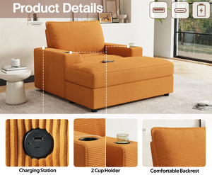 Modern Oversized Chaise Lounge Chair with <b>Storage</b> Ottoman Corduroy Sofa Bed for Living Room with Cup Holders & USB Charging Port - Product Image 6