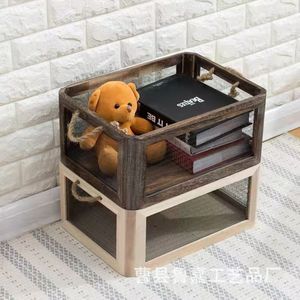 Retro Wooden <b>Storage</b> <b>Basket</b> With Wire Mesh Rectangle Shape For Toys Organizer Natural Wood Color Charcoal Grilled Color - Product Image 3