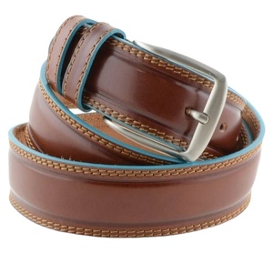 Cintura in vera pelle marrone fatta a mano italiana bordo azzurro lunghezza personalizzata 6 pz Per scatola fibbia da uomo di alta moda in lega - Product Image 1