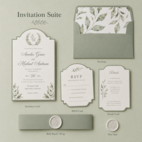 Ensemble d'invitations de mariage personnalisées avec bordure en arche vintage, design feuille aquarelle vert sauge doux, avec cartes RSVP et de détails assorties