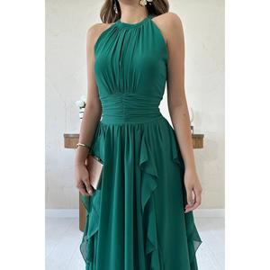 Robe en mousseline de soie vert émeraude sans bretelles, coupe trapèze, avec volants et superposition transparente, pour soirée - Product Image 2