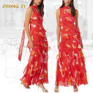Clothing Manufacturers Custom Women Summer Flower Printing Design Elegant Beach Casual Asym Scarf Maxi Dress