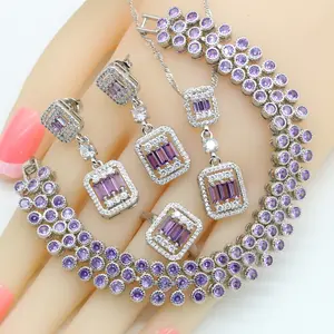 Purple Amethyst 925 Silver 2022 Wedding Jewelry Sets for Women Bracelet Necklace Pendant Earrings Ring Birthday Gift
