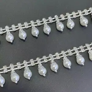 Adorno de diamantes de imitación de cristal, elegante apliques de cadena de cristal de perlas de marfil para decoración Diy, adorno de traje nupcial, joyería artesanal