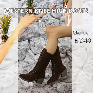 Wholesale 2023 Western <b>Knee</b> <b>High</b> Chucky Heel Breathable Lace-Up Autumn/Winter Rubber Sole Hard-Wearing Boots Women Shoes - Product Image 2