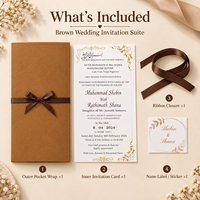 Suite d'invitations de mariage personnalisées avec pochette, carte gaufrée à l'or et ruban en satin, invitations pliées avec pochette, vente en gros
