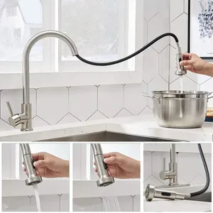 Commercial High Arc Modern Dual Function Single Handle Kitchen Sink Faucet With Pull Out Spray