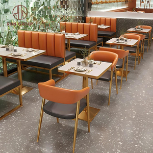 Conjunto de muebles de restaurante comercial Silla de cuero naranja con costuras verticales y mesa cuadrada con sofá para cafetería - Product Image 1